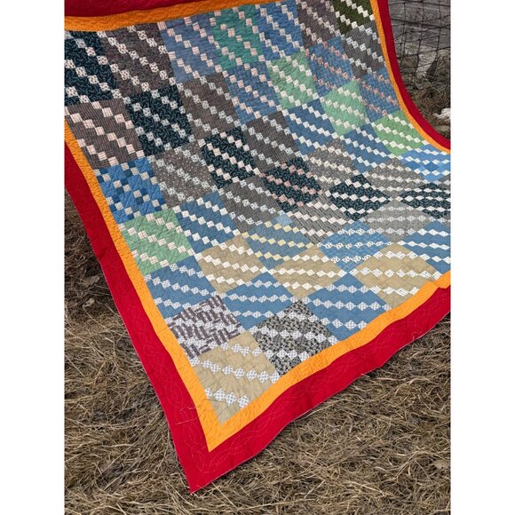 Vintage 1930s Fabric Postage Stamp Quilt 77.5x78" Rustic - Picture 9 of 16